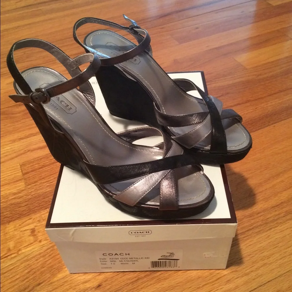 Coach Black and Metallic Silver Platform Wedge Sandals